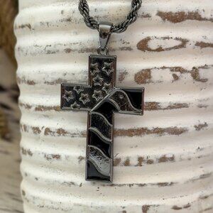 NEW *CLEARANCE* Men's Justin Gun Metal Stars Stripes Cross Western Necklace